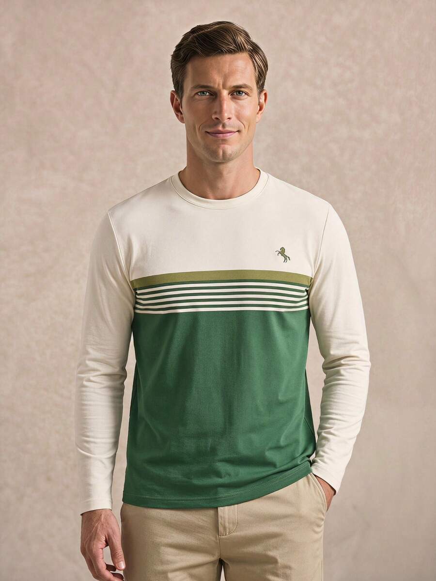 Tennis Men's Business Commute Colorblock Striped Long Sleeve T-Shirt, Minimalist Horse Embroidery Crew Neck, Golf, Fall - Multicolor - View 1