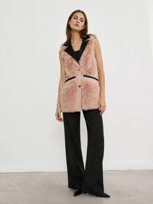 Vest With Collar. Snap Closure. Lined. 2 Pockets. Front Slightly Longer Than Back. Hip-Length. - Pink - View 1