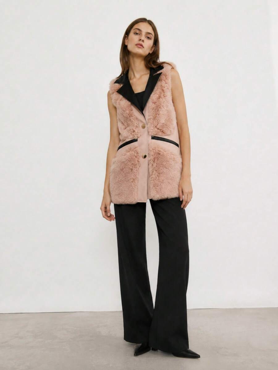 Vest With Collar. Snap Closure. Lined. 2 Pockets. Front Slightly Longer Than Back. Hip-Length. - Pink - View 1