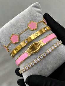 1/4pcs Stainless Steel 18K Gold Plated Colorful Dopamine Clover Bangle Bracelet Set, Suitable For Women Music Festival Wear, Personalized Jewelry Set, Waterproof & Fade-Resistant - Bracelet Set - View 1