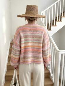 Women's Colorblock Striped Single-Breasted Casual Daily Cardigan - Pink - View 4