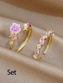 1Pc/Set Elegant Gold Plated Pink Floral Marquise Zirconia Open Ring,Jewelry Set For Women,Party,Daily,Christmas,Wedding,Boho,Valentine Birthday Gifts - Multicolor - View 9