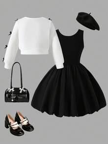 Young Girls 2pcs Set Autumn/Winter New Solid Color Patchwork Puff Dress With 3D Bow Decor & Knit Round Neck Sweatshirt, Fashionable Young Girls Outfit For Outdoor Wear - Black - View 3