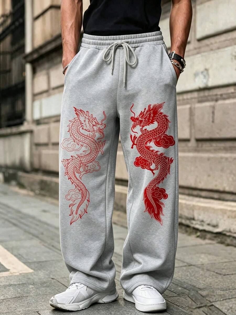 SU ER Men's Summer Casual Drawstring Elastic Waist Loose Drapey Lazy Wide Leg Curved Hem Long Pants - Light Grey - View 1