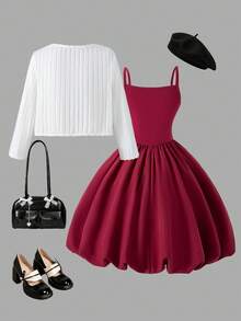 Young Girls 2 Pieces Set, New Autumn/Winter Vintage Spaghetti Strap Patchwork Bow Decor Puff Dress Princess Dress, Red Bow Ribbed Fuzzy Knit Cardigan, Fashionable Children's Outfit Suitable For Outdoor Wear - Burgundy - View 5