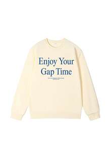 Cream Yellow Women's Korean INS Style Letter Print Pattern Round Neck Loose Casual Versatile Lazy Sweatshirt Pullover Top Autumn/Winter Campus Daily OOTD - Apricot - View 7