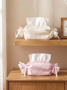 1pc Sweet Candy Roll Tissue Box Cover, Lace Ruffle & Bow Tissue Holder, Heart Pattern Fabric Tissue Box, Cute Aesthetic Home Decor, Suitable For Bedroom, Bathroom, Office - Multicolor - View 7