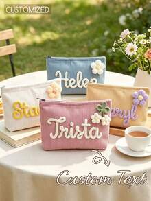 Custom Name Embroidered Corduroy Makeup Bag, Personalized Text Cosmetic Storage Pouch, Soft Travel Toiletry Organizer, 2pcs - Multicolor - View 1