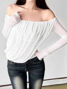Women's Off-Shoulder Semi-Sheer Knit Top, Asymmetrical Hem, Long Sleeve Regular Fit, Suitable For Autumn Wear - White - View 3