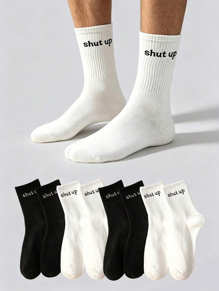 1/3/5 Pairs Of Men's Black-And-White English Slogans Socks Personalized Letters Sports Leisure Socks Suitable For Daily Wear. - Black and White - View 1