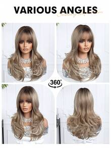 24 Inch Long Wavy Bangs Wig, Dark Root, Brown To Golden Brown Gradient, Heat-Resistant Synthetic Fiber Wig, Suitable For Daily Wear, Party, Cosplay And Other Occasions. (Please Note: Due To Lighting And Angle During Shooting, The Actual Product May Differ Slightly From The Image) - Blonde Highlight - View 9