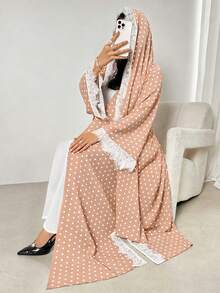 Women's Polka Dot Print Lace Patchwork Abaya Pink Fall - Pink - View 1