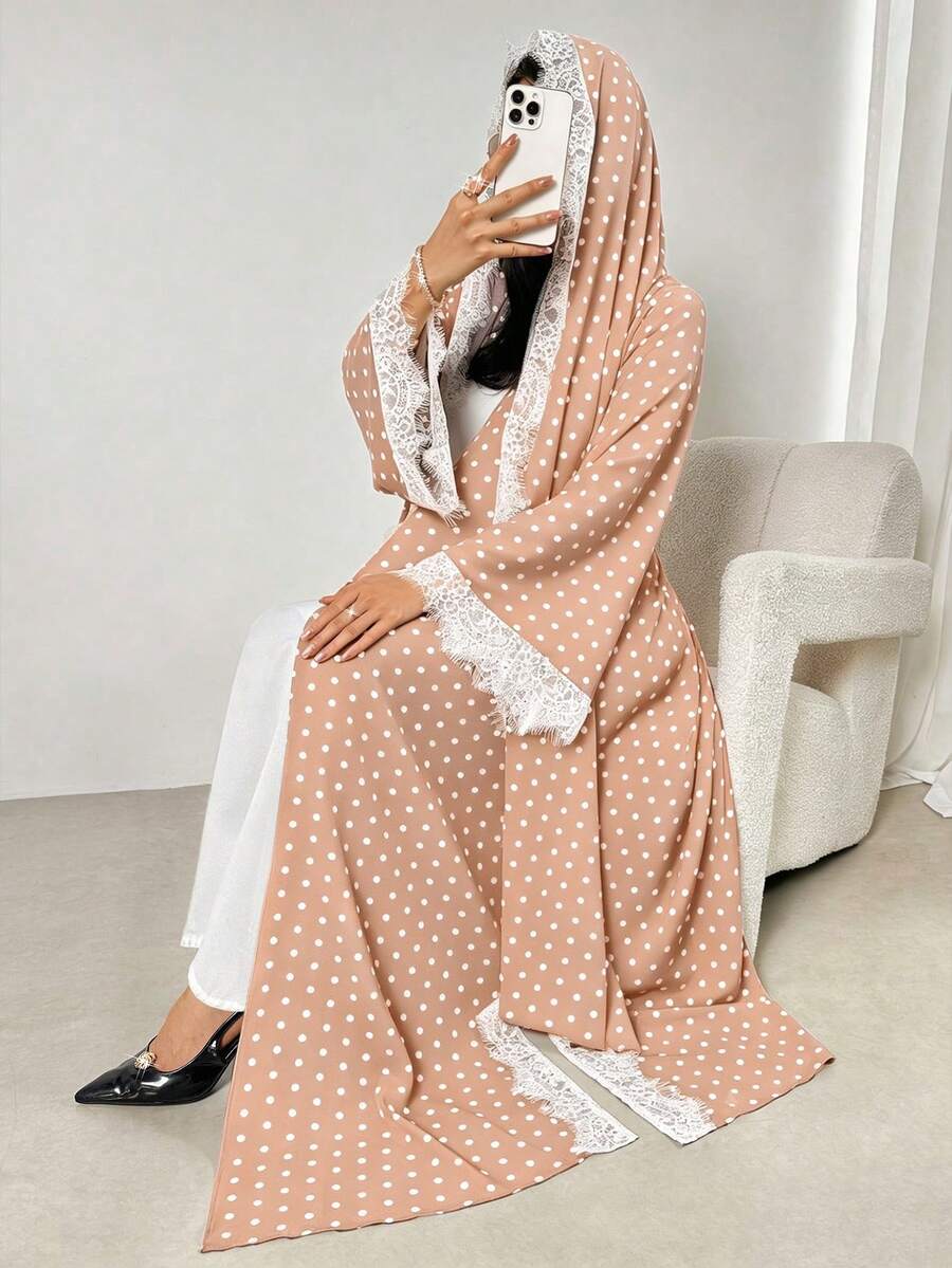 Women's Polka Dot Print Lace Patchwork Abaya Pink Fall - Pink - View 1