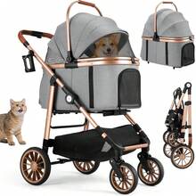 3-In-1 Foldable Dog Buggy Up To 20kg | Foldable Cat Stroller, Pet Buggy With 4 360° Rubber Wheels, With Storage Basket And Cup Holder - 金色+灰色 - 查看 1