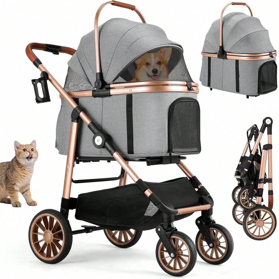 3-In-1 Foldable Dog Buggy Up To 20kg | Foldable Cat Stroller, Pet Buggy With 4 360° Rubber Wheels, With Storage Basket And Cup Holder - 金色+灰色 - 查看 1