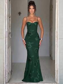3D Floral Embroidery Elegant Sexy Backless Mermaid Evening Gown For Party, Date Night, Anniversary, Graduation Party, Formal Dinner - Dark Green - View 2