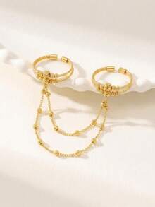 24K Gold-Plated Double Finger Chain Link Ring, Rust-Proof Gold Alternative 3-Layer Beaded Chain Delicate Layered Ring, High-End Jewelry - 01 - View 3