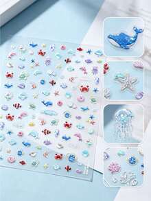 Cute Underwater Animal Face Sticker Set With Tweezers, Whale Octopus Starfish Shell Self-Adhesive Face Stickers For Beach Vacation And Music Festival Makeup,Halloween Costume - Multicolor - View 5