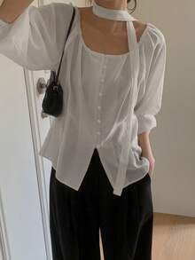 Women's Solid Color Elegant Bow Tie Button-Down Long Sleeve Blouse - White - View 4