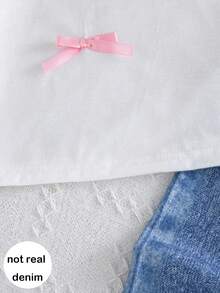 Tween Girls' Casual Fashion 2pcs Set, Pink Satin Bow Long Sleeve Top And Butterfly Print Straight Leg Pants, Spring/Autumn - White - View 5