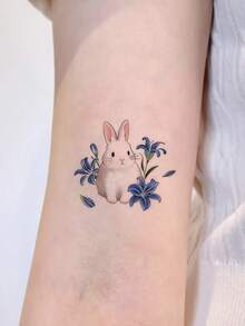 1pc Cute White Rabbit With Blue Lily Flower Pattern Temporary Tattoo Sticker, Realistic Fake Tattoo Design, Suitable For Daily, Bachelorette Party Favors, Music Festivals, Games, Graduation Gifts, Lasts 3‑5 Days - Multicolor - View 3