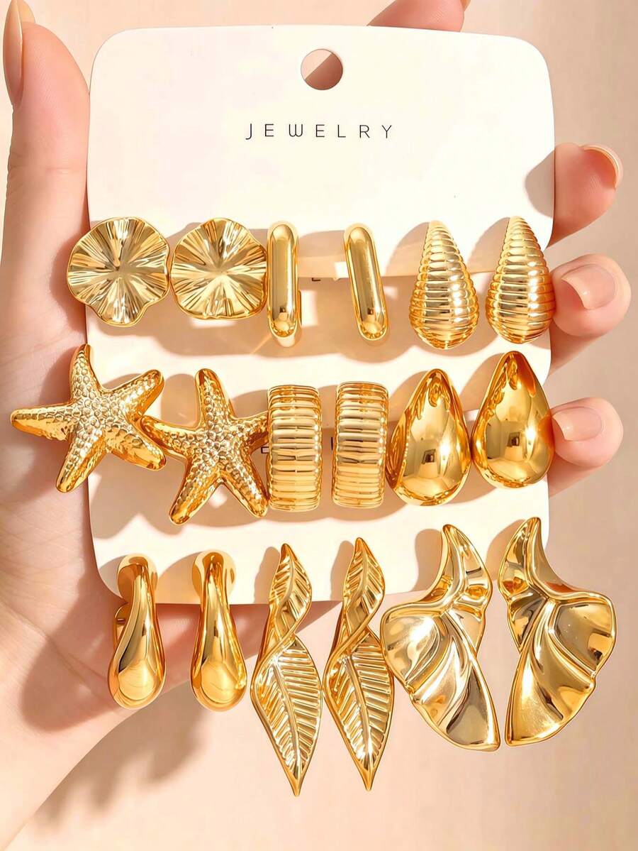 3/9 Pairs Gold Fashion Stud Earrings Set For Women, Low-Key Luxury High-End Earrings For Commute, Date, Travel, Photo, Vacation, Daily Wear For A Week Without Repetition, Perfect Gift For Wife, Girlfriend, Friends And Family - Gold - View 1