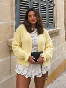 Yuu Plus Size Elastic V-Neck Long Sleeve Cardigan Sweater, Loose Slimming Belly-Covering Easy-Care Knit Cardigan Fall - Yellow - View 6