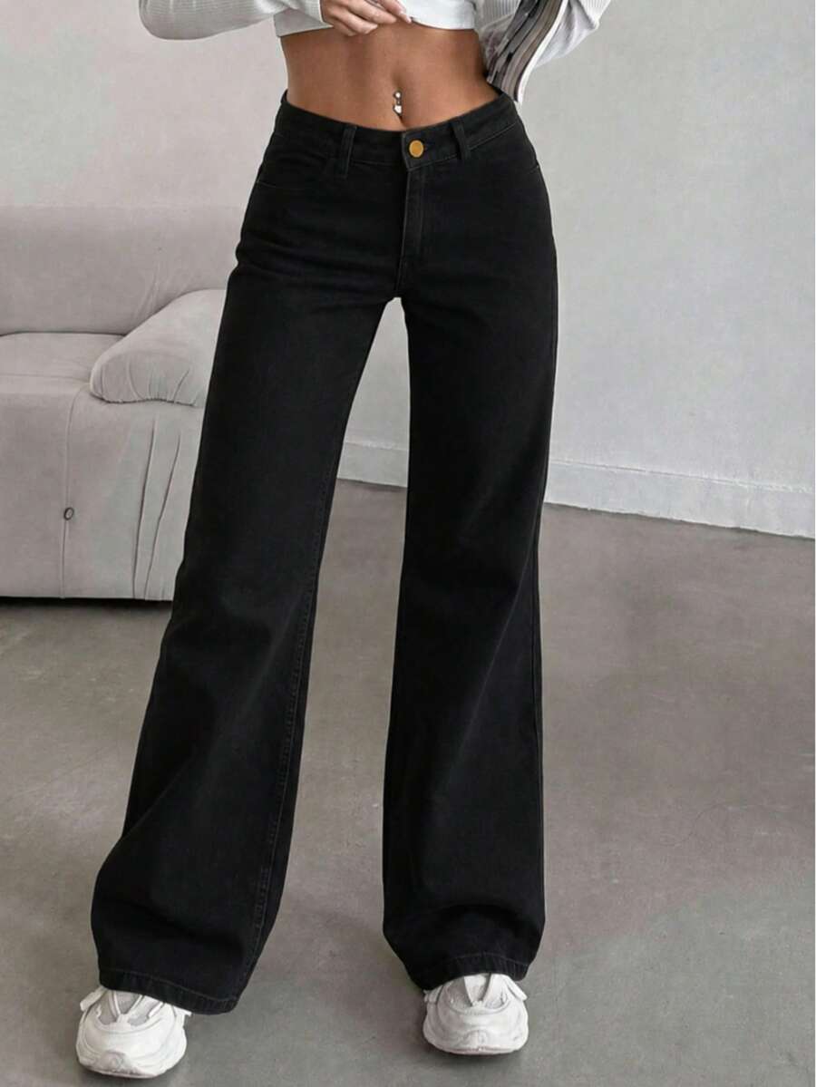 Palazzo Black Colorfast High Waist Flexible Wide Leg Jeans - Black - View 1