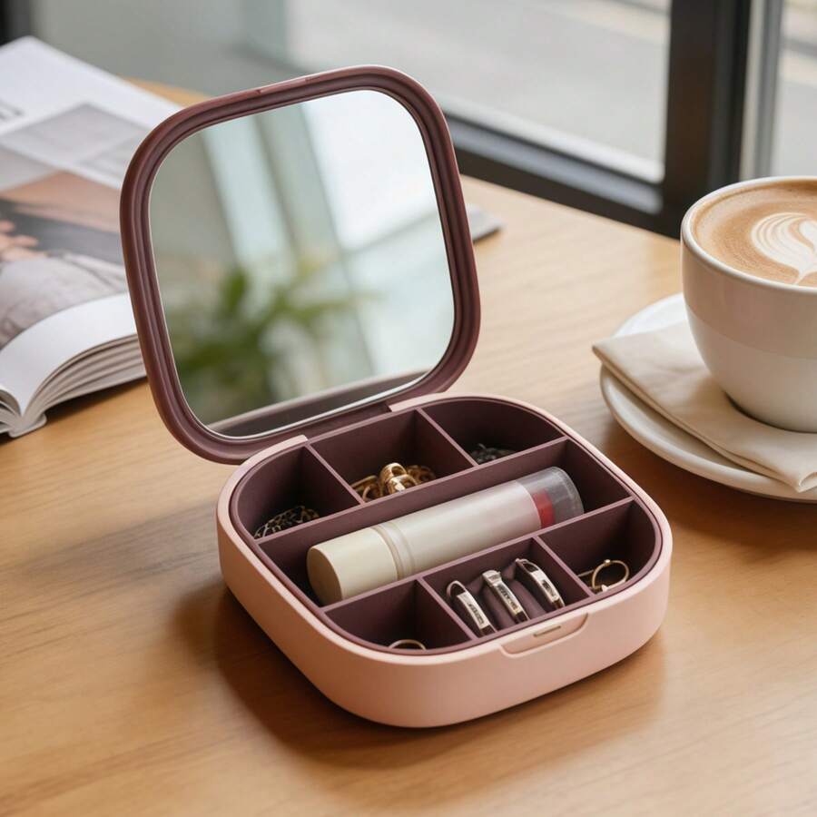 1pc Mini Portable Travel Jewelry Box With Mirror, Cute Girl Jewelry Storage Box For Necklace, Earrings, Rings, Jewelry Organizer
