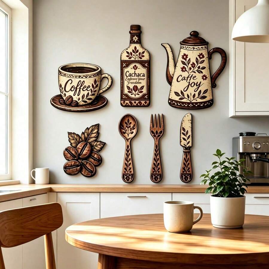 Juego de 7 piezas de decoración de pared de madera creativa, incluye diseños de tenedor, taza de café y copa de vino - ¡Incluye adhesivo redondo! Adecuado para decoración de pared de cocina, cafetería, restaurante, bar, fondo creativo, letrero de decoración del hogar, regalos de inauguración y festividades 2ZEM - Café integral - Ver 1