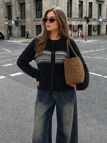 Women's Autumn/Winter New Vintage Preppy Style Cable Knit Contrast Color Cardigan, Round Neck Single-Breasted Loose Knit - Black - View 6