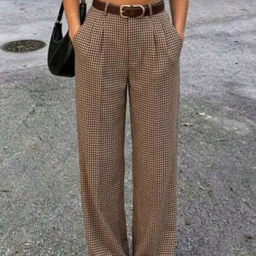 Pantalones largos de otoño Pantalones rectos de cintura alta con estampado de cuadros vintage para mujer, pantalones casuales holgados de pierna rect - Multicolor - Ver 1