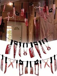 12pcs/Set Halloween Party Blood Knife Weapon Banner, Haunted House Realistic Blood-Stained Hanging Decorations, Halloween Vampire Party Supplies, Suitable For Halloween Room Decor, Bar Supplies, Indoor And Outdoor Decor, Horror Party Background Decor - View 2
