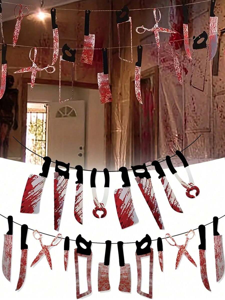12pcs/Set Halloween Party Blood Knife Weapon Banner, Haunted House Realistic Blood-Stained Hanging Decorations, Halloween Vampire Party Supplies, Suitable For Halloween Room Decor, Bar Supplies, Indoor And Outdoor Decor, Horror Party Background Decor