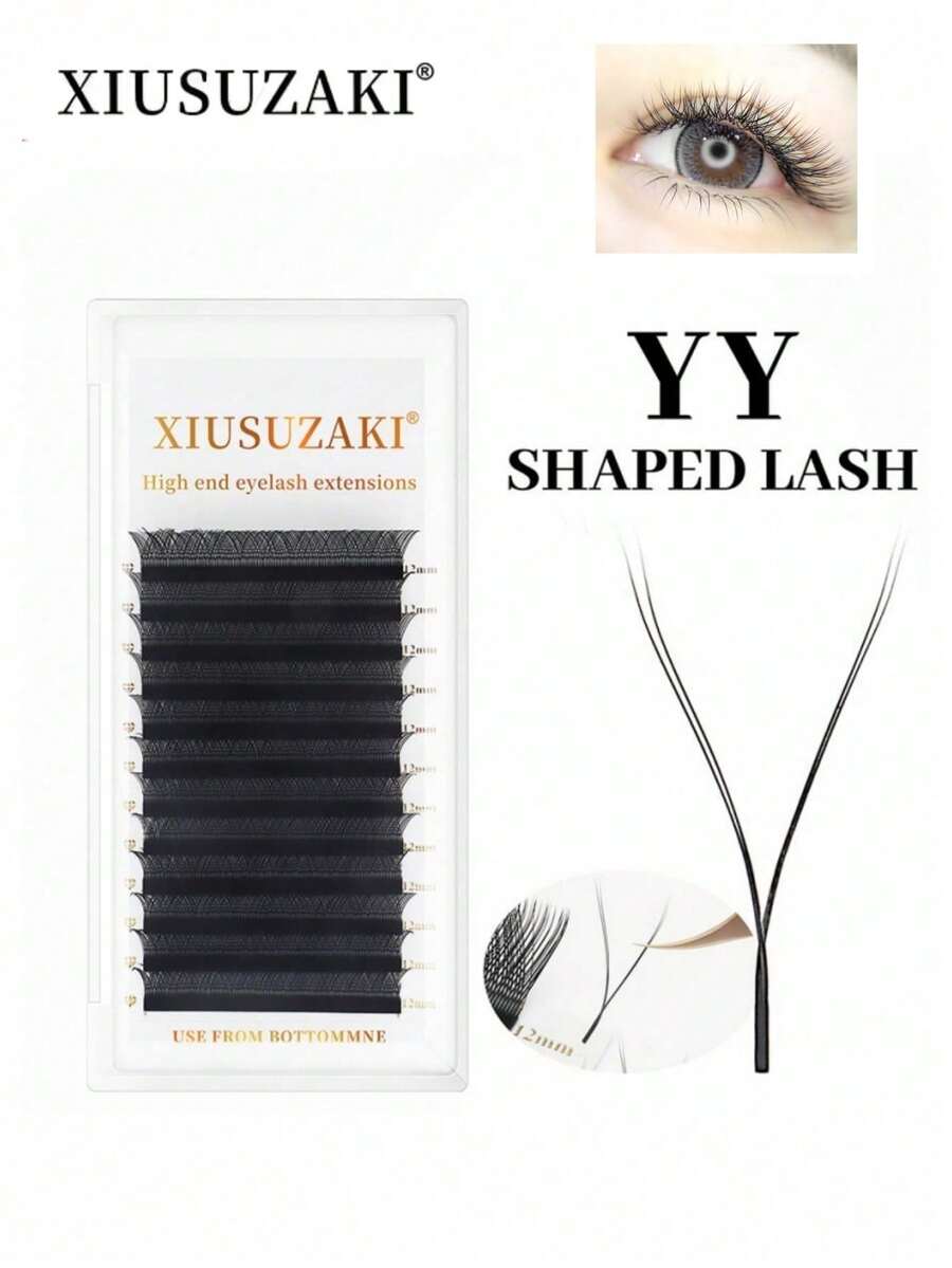 XIUSUZAKI 12排 YY 型 D捲度自然預製睫毛簇 手工高品質柔軟輕盈接睫毛 適用於專業睫毛簇、單根睫毛、假睫毛