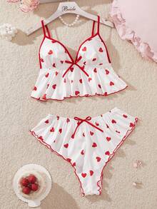 2pcs Women's Backless Cute Sexy Heart Print Ruffle Bow Decor Camisole Top + Shorts Loungewear Soft Pajama Romantic Sleepwear Set - Red and White - View 8