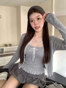 2pcs/Set Atasan Camisole Rajut Seksi & Kardigan Lengan Panjang, Trim Renda Transparan, Pita Ikat, Cocok Untuk Jalan-jalan, Berkomuter, Kencan Musim Gugur - bunga abu-abu - View 3