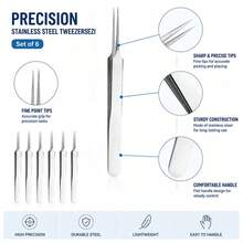 6pcs Precision Pointed Stainless Steel Tweezers Set, Smooth Polished Surface Easy To Clean, Professional Grade Rust-Resistant Durable, Comfortable Grip Design, Suitable For Micro Screw Picking, Component Installation, Handmade DIY - Silver - View 4