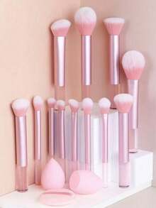 12pcs Multi-Function Makeup Brush Set, Includes Powder Brush, Blush Brush, Foundation Brush, Eyeshadow Brush, Blending Brush, Contour Brush, As Well As Slanted Makeup Sponge, Round Makeup Sponge And White Powder Puff - Pink - View 1