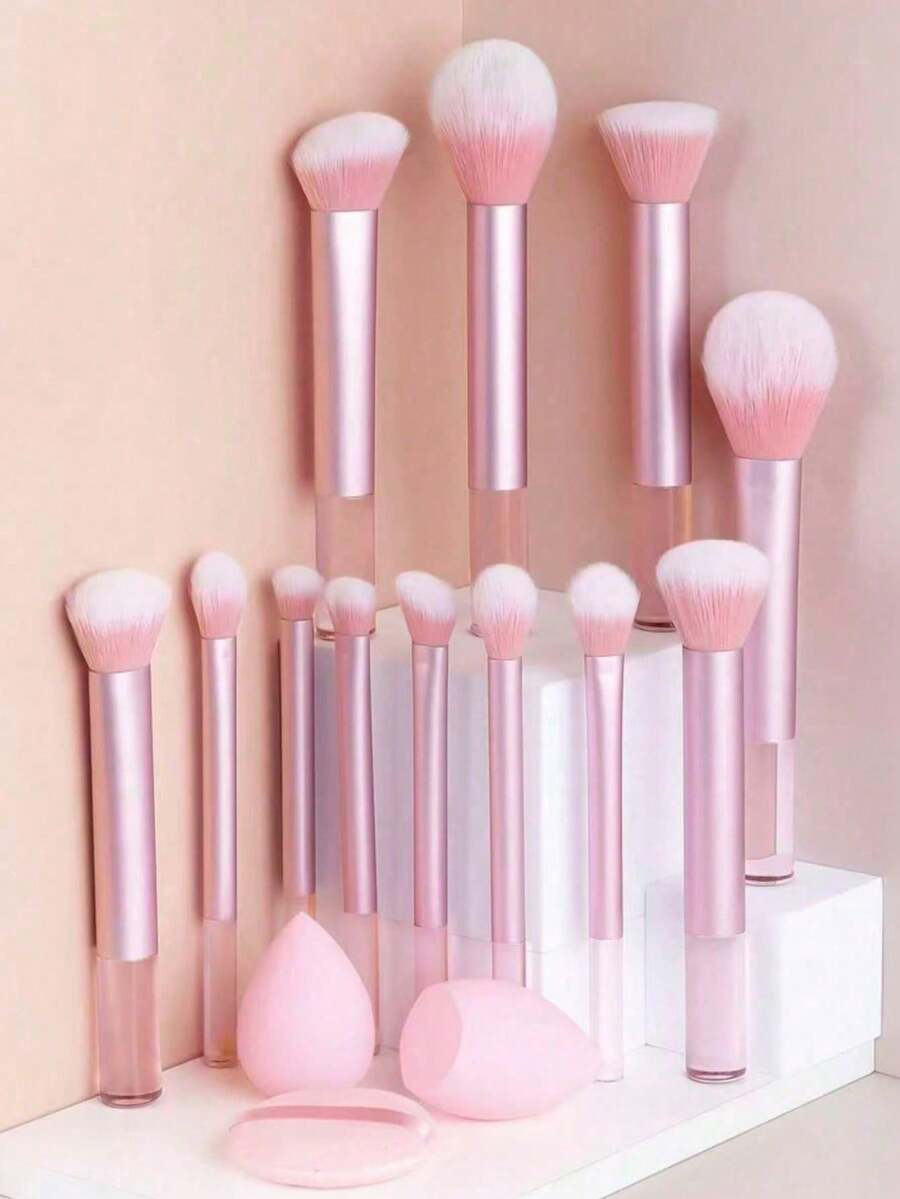 12pcs Multi-Function Makeup Brush Set, Includes Powder Brush, Blush Brush, Foundation Brush, Eyeshadow Brush, Blending Brush, Contour Brush, As Well As Slanted Makeup Sponge, Round Makeup Sponge And White Powder Puff - Pink - View 1