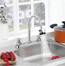 Grifo de cocina con rociador, grifo de cocina de dos manijas con tubo flexible en forma de cuello de cisne, grifo cromado de dos funciones para fregadero de cocina (cuerpo de latón, fácil instalación) - A - Ver 2