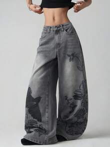 1pc Women's Casual Loose Fit Gray Printed Denim Wide Leg Jeans, Comfortable All-Match Streetwear Style Jeans (Belt/Accessories Not Included) Fall - Light Grey - View 6