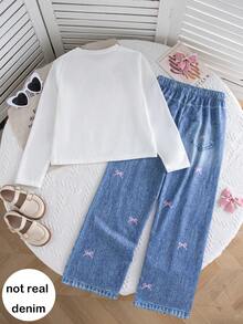 Tween Girls' Casual Fashion 2pcs Set, Pink Satin Bow Long Sleeve Top And Butterfly Print Straight Leg Pants, Spring/Autumn - White - View 2