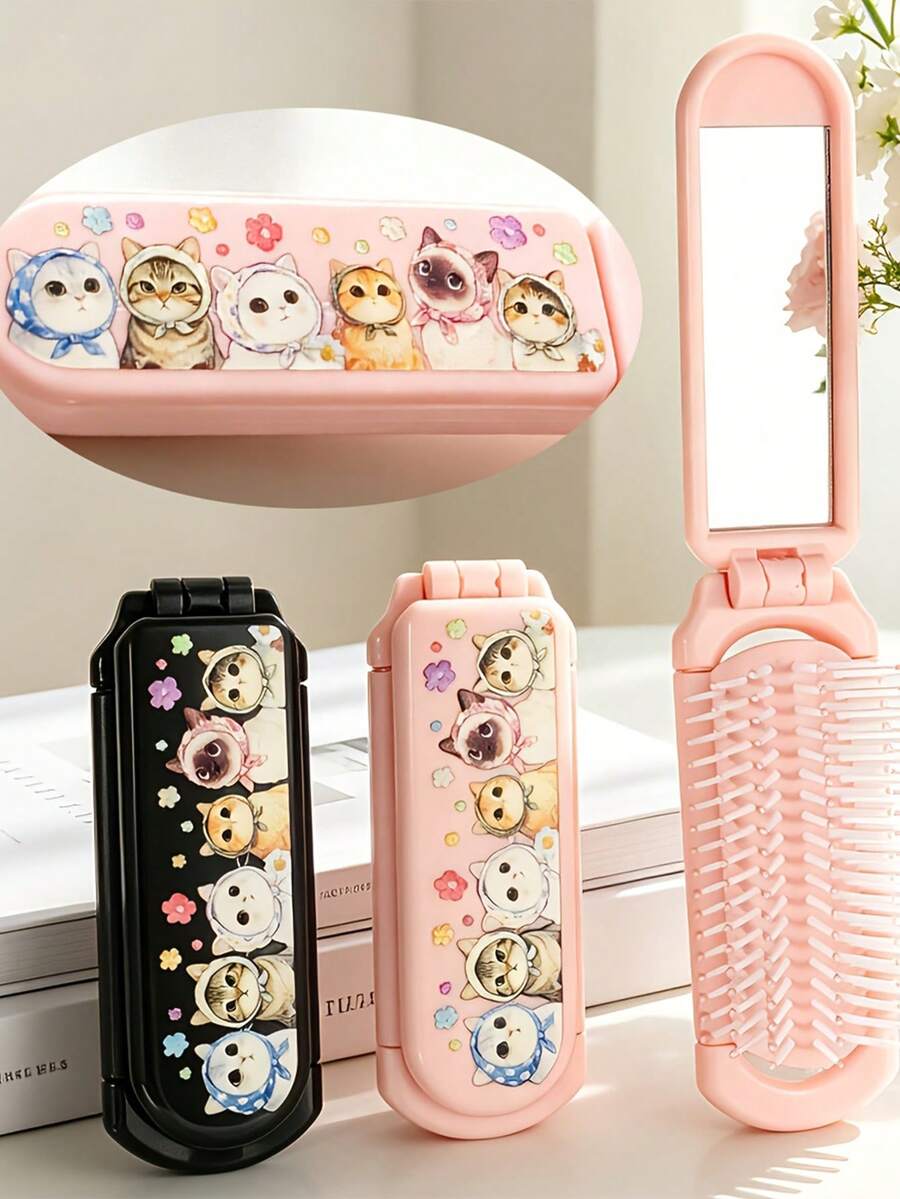 Cute Cat Print Folding Comb With Mirror, Portable Pocket Travel Hairbrush, Foldable Mini Styling Detangling Comb, Compact Hair Styling Tool For Women, Girls, Teens, Suitable For Daily Hair Care, Outdoor Travel, Vacation, Bag Carry, Dorm Use, Holiday And Birthday Gift - Multicolor - View 1