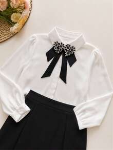 1pc Detachable Shirt Collar With Bow, Solid Color & Plaid Fabric Faux Collar, Rhinestone Floral Decor Collar Accessory - Multicolor - View 6