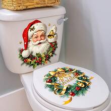 1pc Christmas Toilet Decor Sticker, Santa Claus & Christmas Wreath Bell With Merry Christmas Element, Self-Adhesive Decor Sticker For Bathroom - Multicolor - View 1