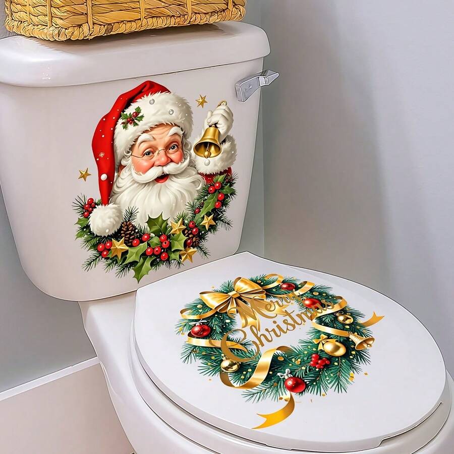 1pc Christmas Toilet Decor Sticker, Santa Claus & Christmas Wreath Bell With Merry Christmas Element, Self-Adhesive Decor Sticker For Bathroom - Multicolor - View 1