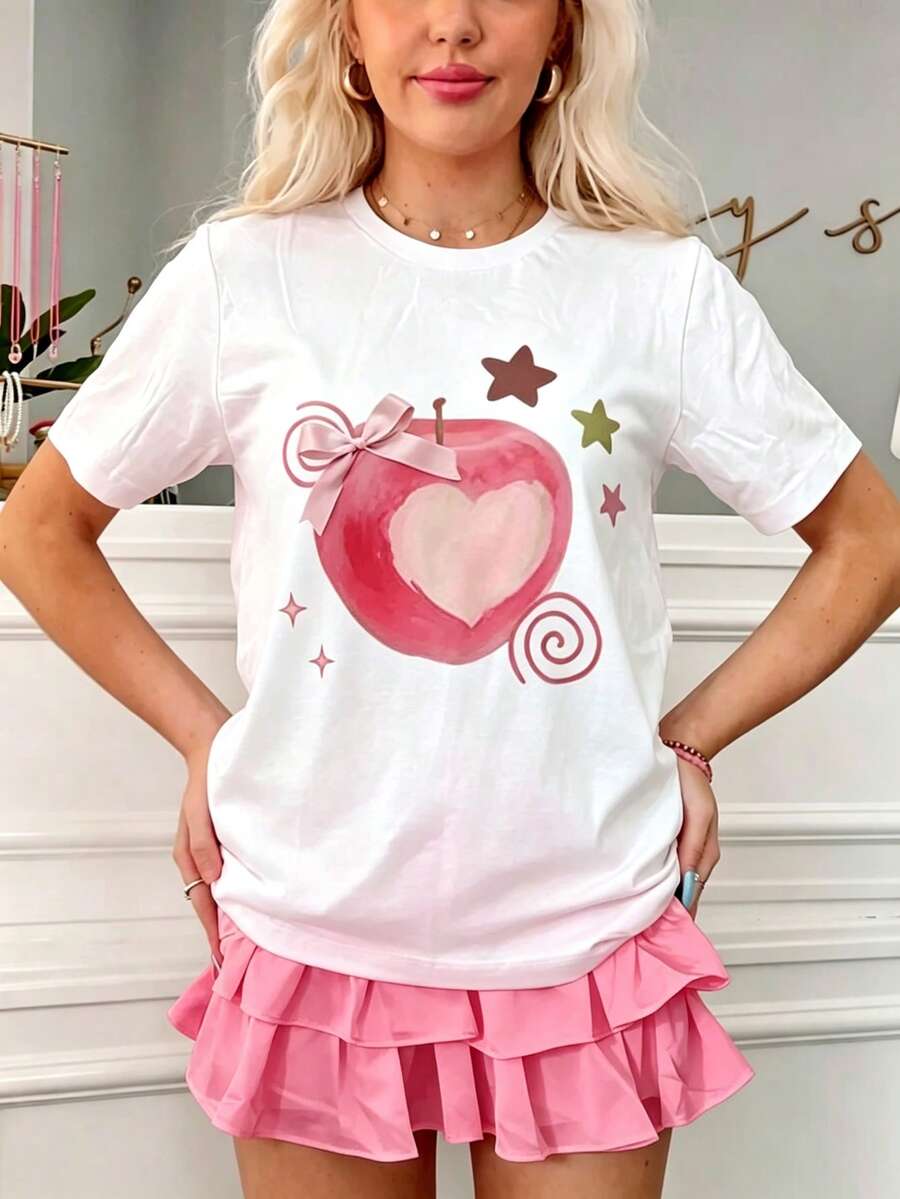 Little Apple Print Short Sleeve T Shirt, Casual Short Sleeve, Perfect Choice For Summer Comfortable Women's Fashion Breathable - White - View 1