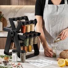 Estante Giratorio para Especias Yungyan con 18 Frascos Vacíos, Juego de Recipientes para Especias con Etiquetas y Embudo, Estante Giratorio para Especias Negro, Accesorios para Encimera de Cocina y Armario - Negro - Ver 2