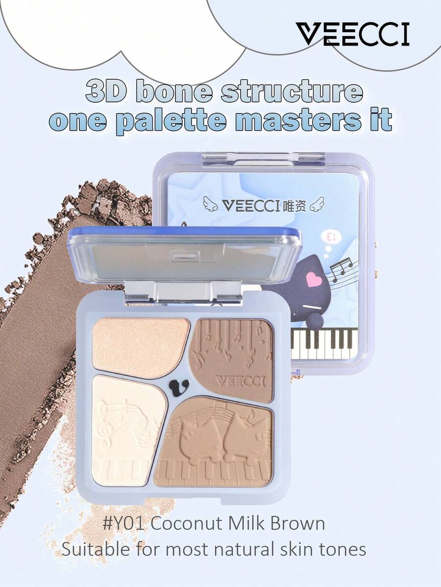 VEECCI Highlighter & Contour Palette, Note Pudding Collaboration, Matte Texture Suitable For Facial Contouring And Nose Shading, Long-Lasting Wear, All-In-One Highlighter And Contour Palette, Perfect For Students And Makeup Beginners - #Y01 Coconut Milk Brown - View 1